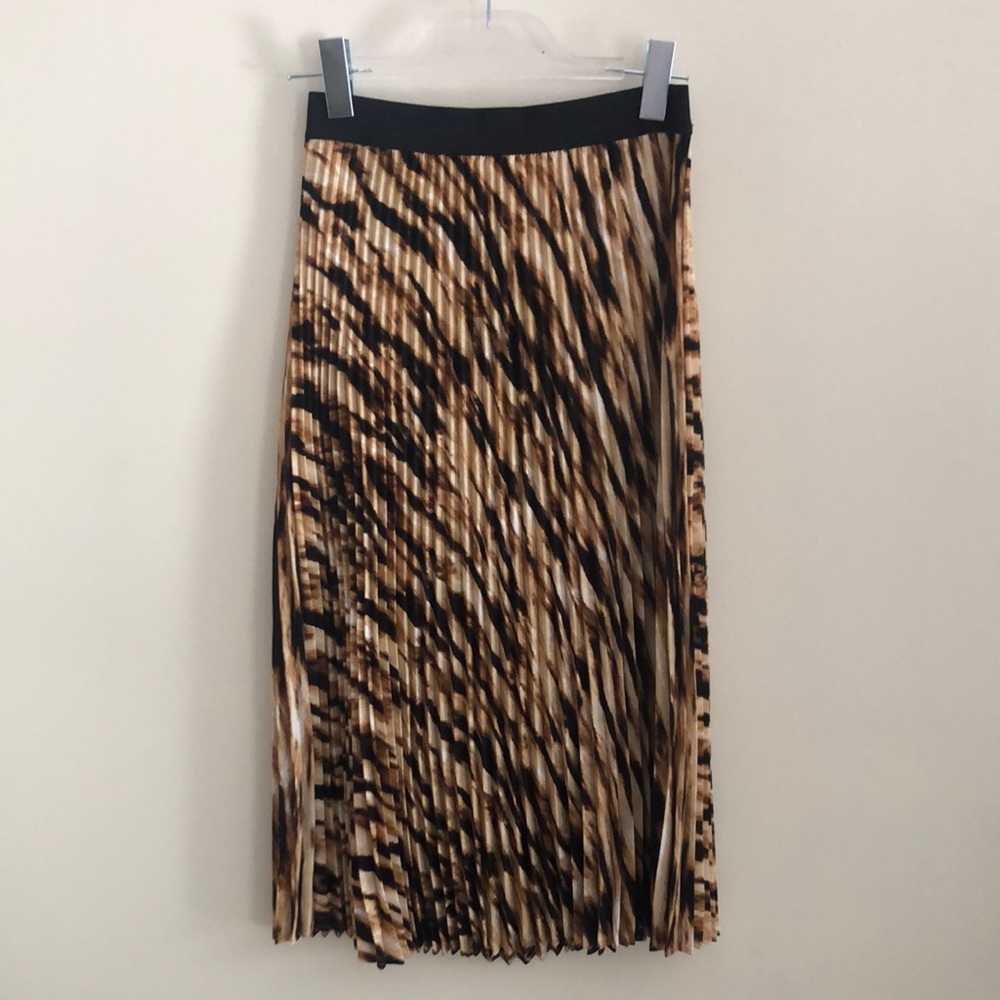 Leith Tan Brown Pleated Midi Skirt Tiger Animal